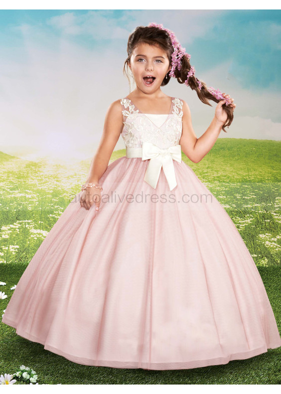 V Neck Ivory Lace Dusty Rose Tulle Wedding Flower Girl Dress